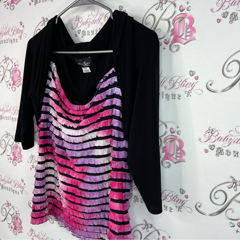 Bellissima long sleeve ruffle tiered ombrΓ© tie dye Black and Pink Striped Top - Picture 4 of 8